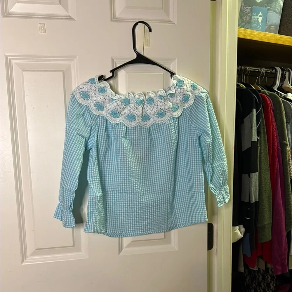 Hayden Girls Blue Gingham Top with Lace Detail - Picture 2 of 3